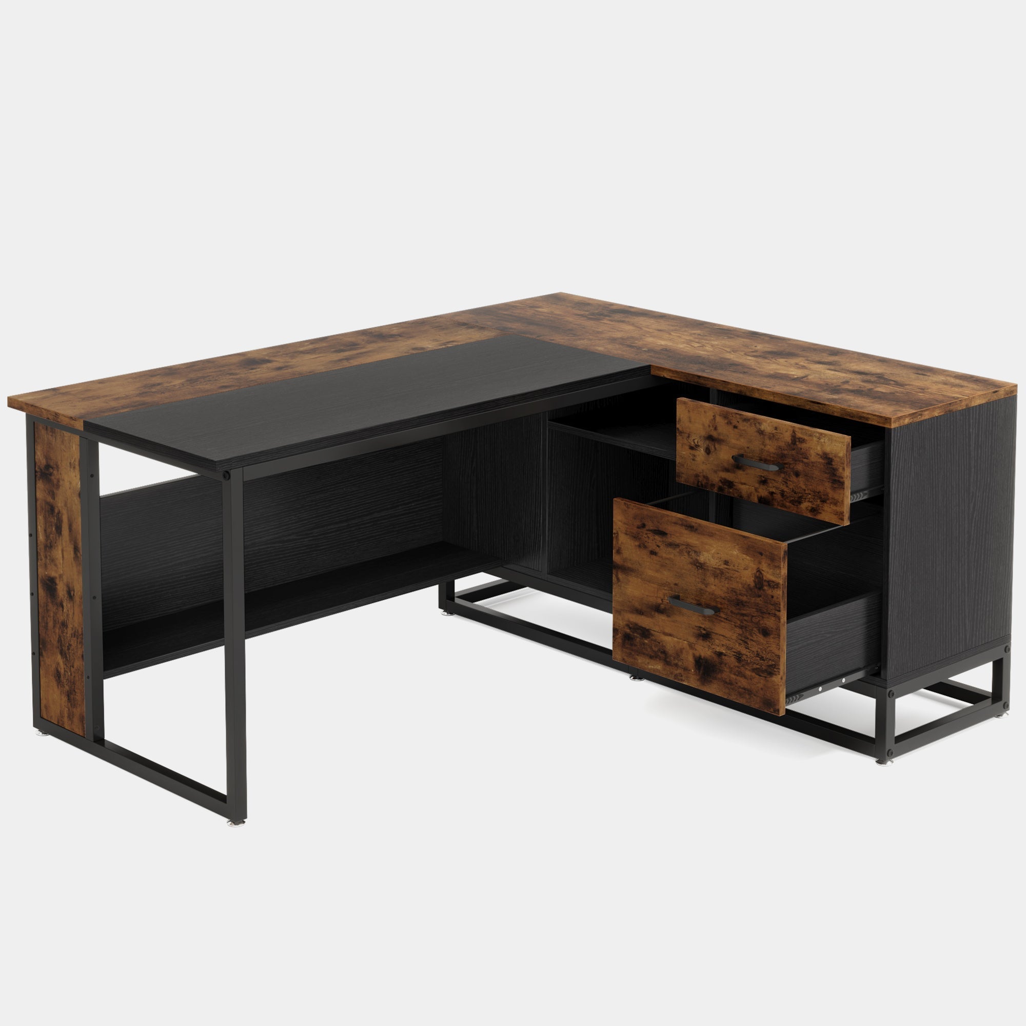63" L-Shaped Desk, Large Executive Business Desk with Drawers and Shelves Tribesigns